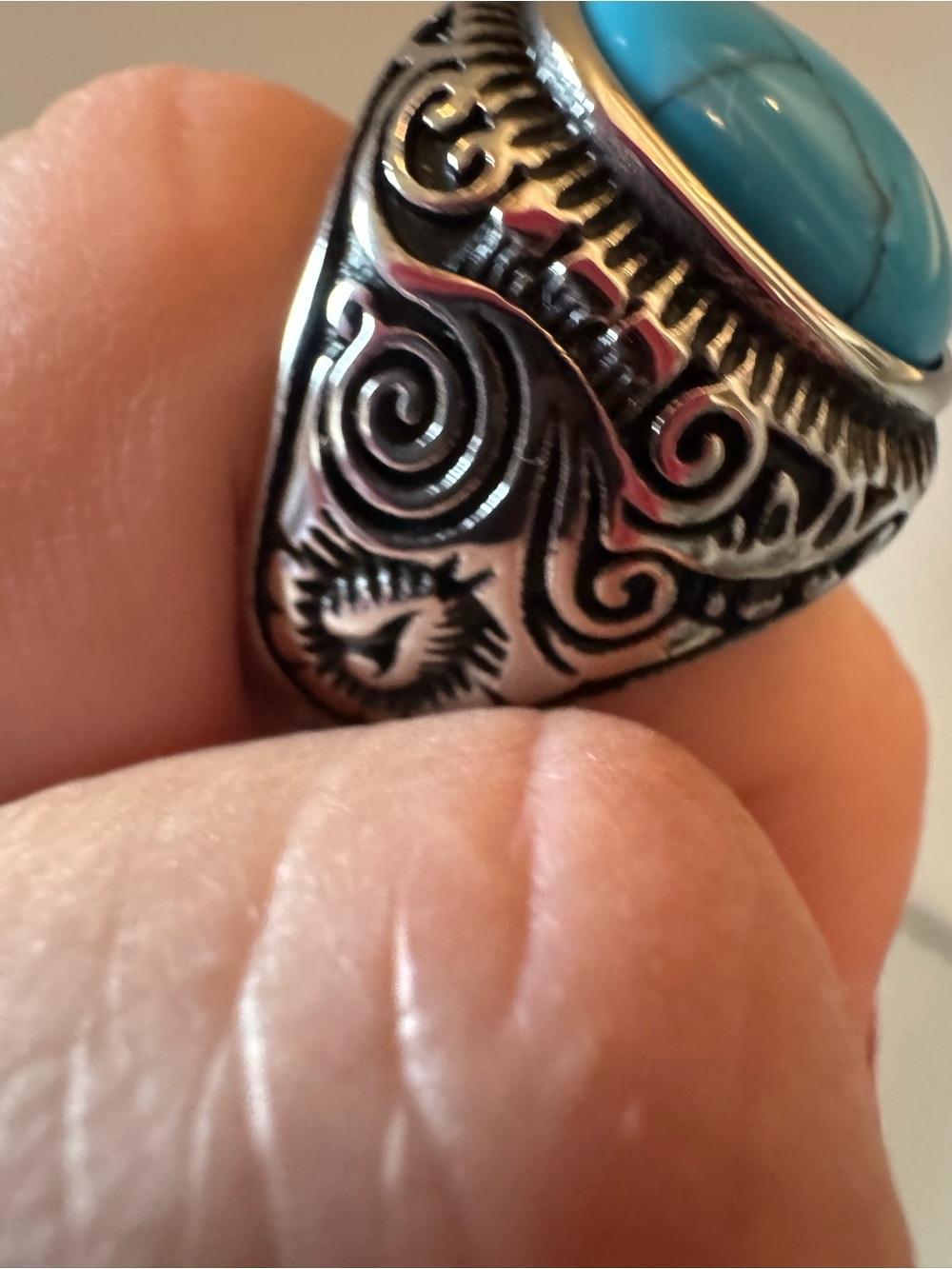 Western Turquoise Statement Ring Size 11 Silver Tone Engraved Oval Cabochon - Picture 5 of 9